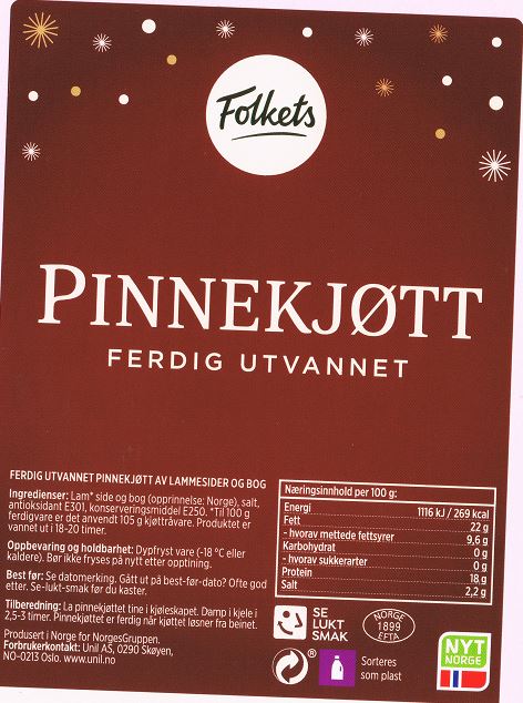 Pinnekjøtt Ferdig Utvannet ca 1kg Folkets