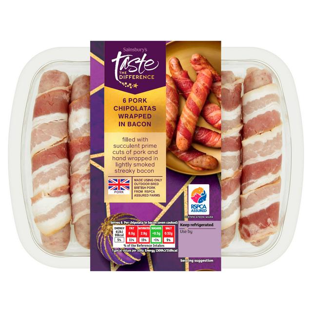 Sainsbury's Pork Chipolatas Wrapped in Bacon, Taste the Difference x6 260g