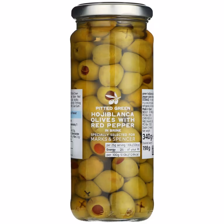 M&S Pitted Green Hojiblanca Olives With Red Pepper