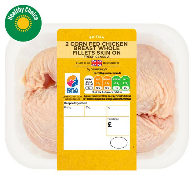 Sainsbury's (Approx. 370g) British Corn Fed Chicken Skin on Breast Fillets