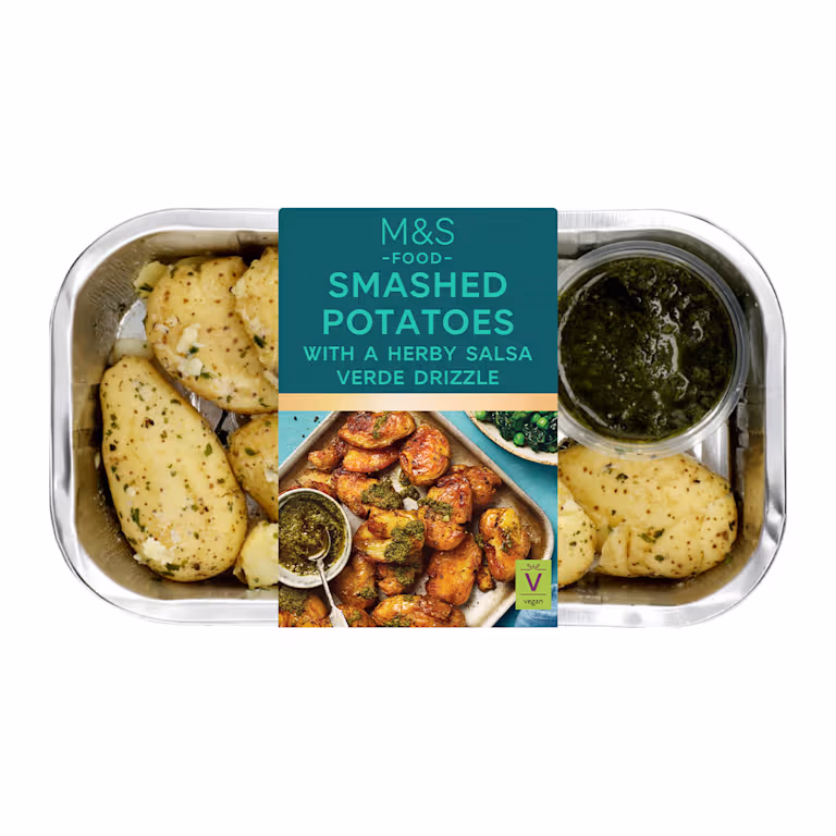 M&S Smashed Potatoes with Salsa Verde Drizzle