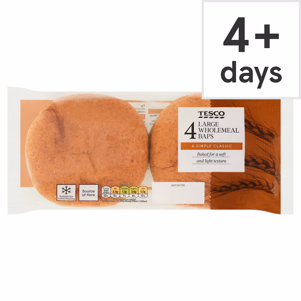 Tesco Large Wholemeal Baps 4 Pack