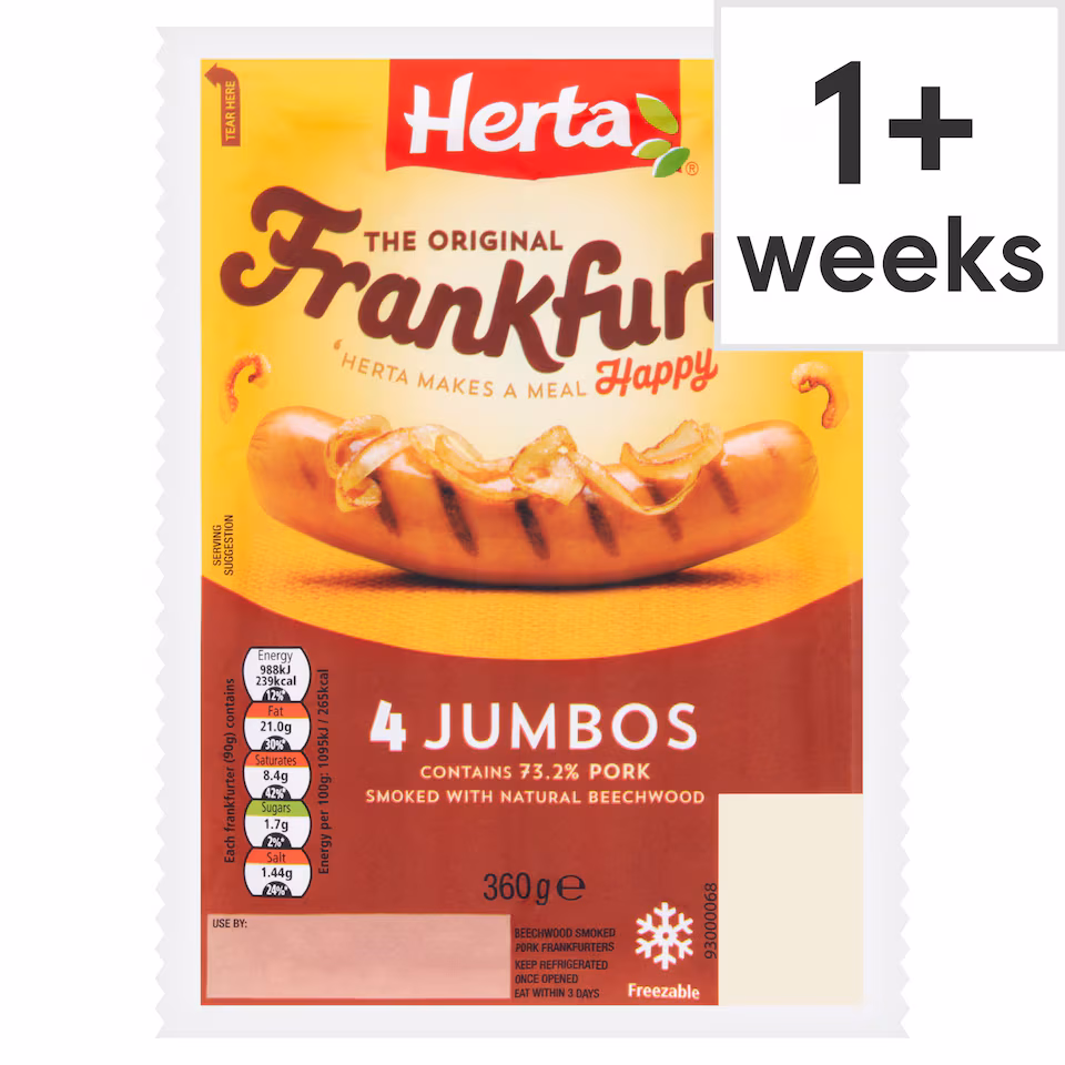 Herta Jumbo Frankfurters Hot Dogs 4 Pack 360g