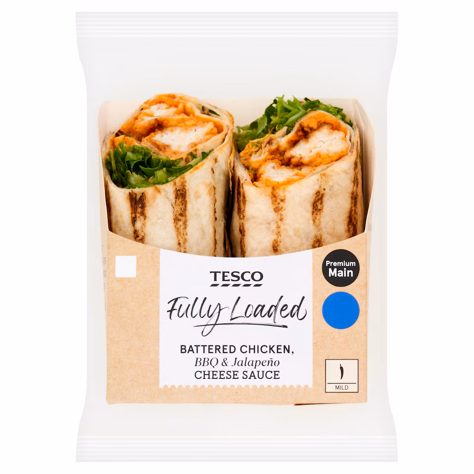 Tesco Fully Loaded Battered Chicken, BBQ & Jalapeno Cheese Sauce Wrap