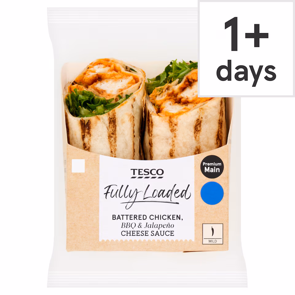 Tesco Fully Loaded Battered Chicken, BBQ & Jalapeno Cheese Sauce Wrap