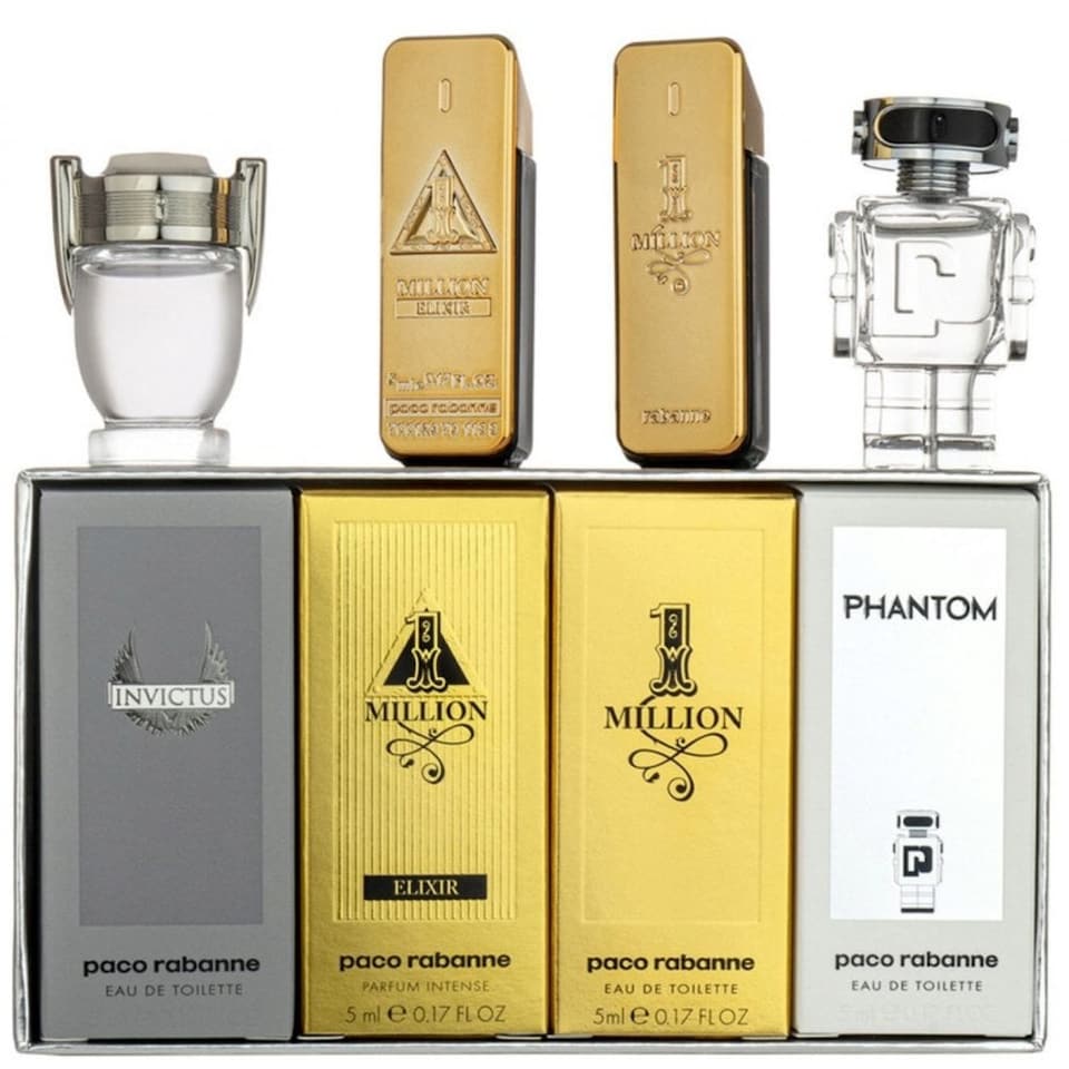 Paco Rabanne Miniature Set 4 x 5ml — One Million EDP, One Million Elixir Parfum Intense, Invictus EDT, Phantom EDT