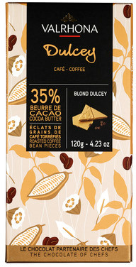 Blondsjokolade "dulcey 35%" med Biter av Kaffebønner 120g Valrhona