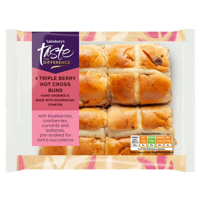Sainsbury's 4 Triple Berry Hot Cross Buns, Taste the Difference 280g