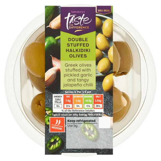 Sainsbury's Double Stuffed Halkidiki Olives with Jalapeño & Garlic, Taste the Difference 160g