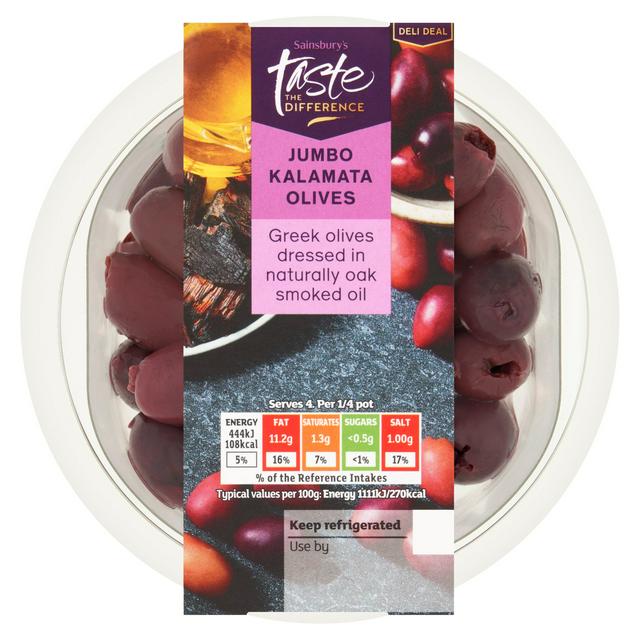 Sainsbury's Jumbo Kalamata Olives with Oak Smoked Oil, Taste the Difference 160g