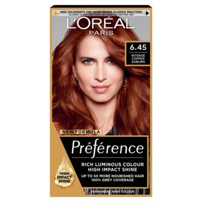 L'Oreal Preference Preference 6.45 Intense Copper Auburn: Long-lasting, luminous permanent hair colour.