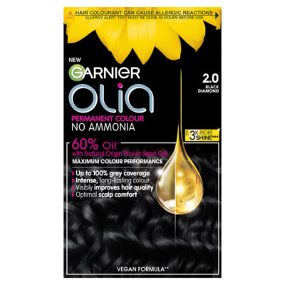Garnier Olia 2.0 Black Diamond: 100% Grey Coverage, No Ammonia, for luminous hair color.