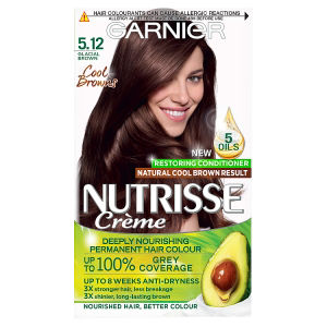 Garnier Nutrisse Ultra Crème Dye, Vegan, 5.12 Glacial Brown, cool, sophisticated tones for hair.