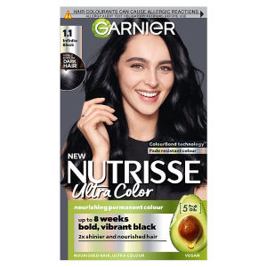 Garnier Nutrisse Ultra Color Permanent Dye, 1.10 Infinite Black, deep, endless shine and intensity.