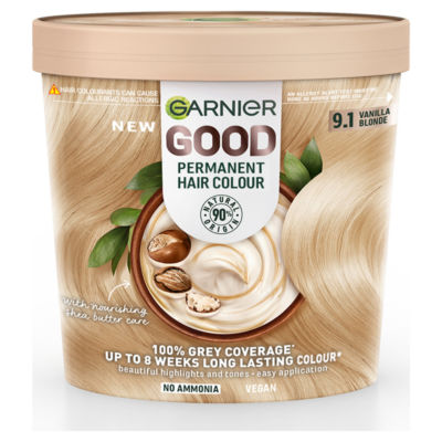 Garnier GOOD Permanent Hair Dye (Shade: 9.1 Vanilla Blonde) for vibrant, long-lasting colour.