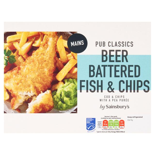 Sainsbury’s Pub Classics Beer Battered Fish & Chips with a Pea Puree 450g
