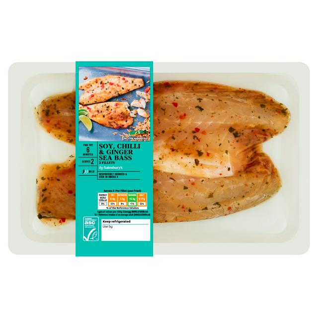 Sainsbury's Sea Bass Fillets ASC with Soy, Chilli and Ginger x2 205g