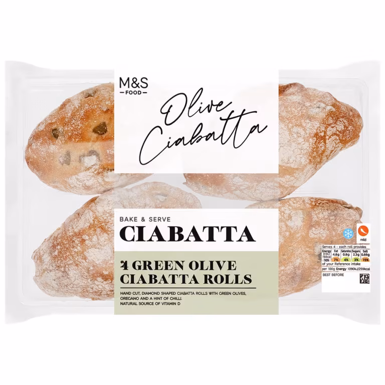 M&S 4 Green Olive Ciabatta Rolls