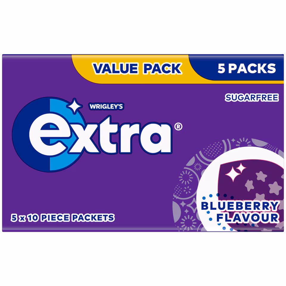 Wrigley's Extra Blueberry Flavour Sugarfree Chewing Gum 5 x 10 Pieces 70g