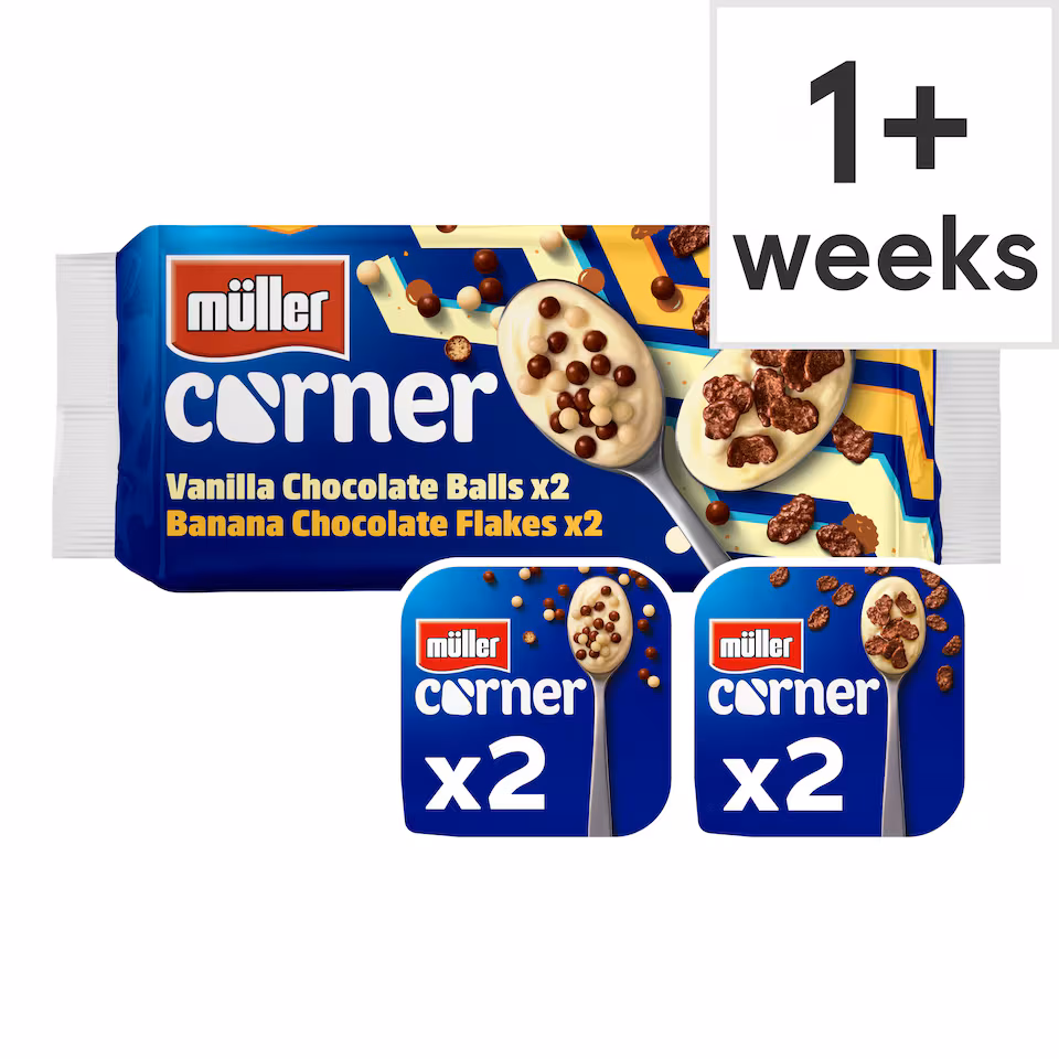 Muller Corner Yogurt Vanilla Chocolate Balls & Banana Chocolate Flakes 4x124g