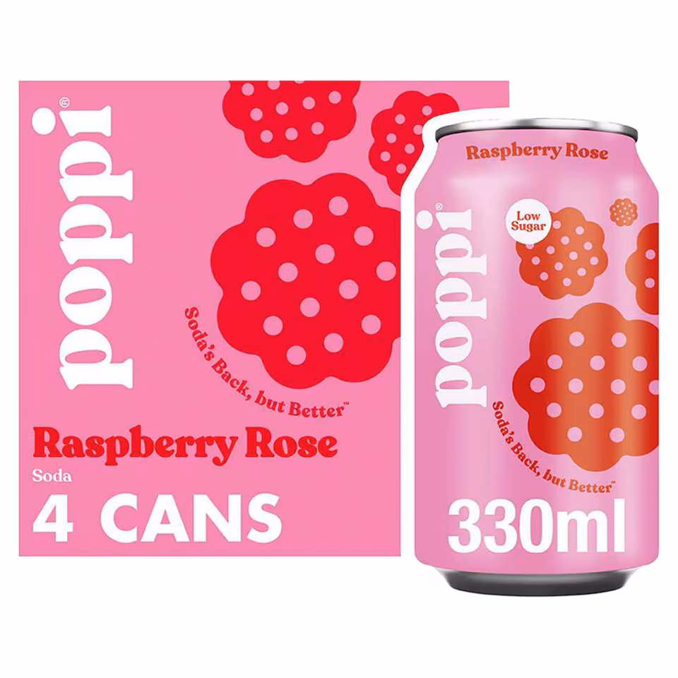 Poppi Raspberry & Rose Soda Wellness Drink Cans 4x330ml
