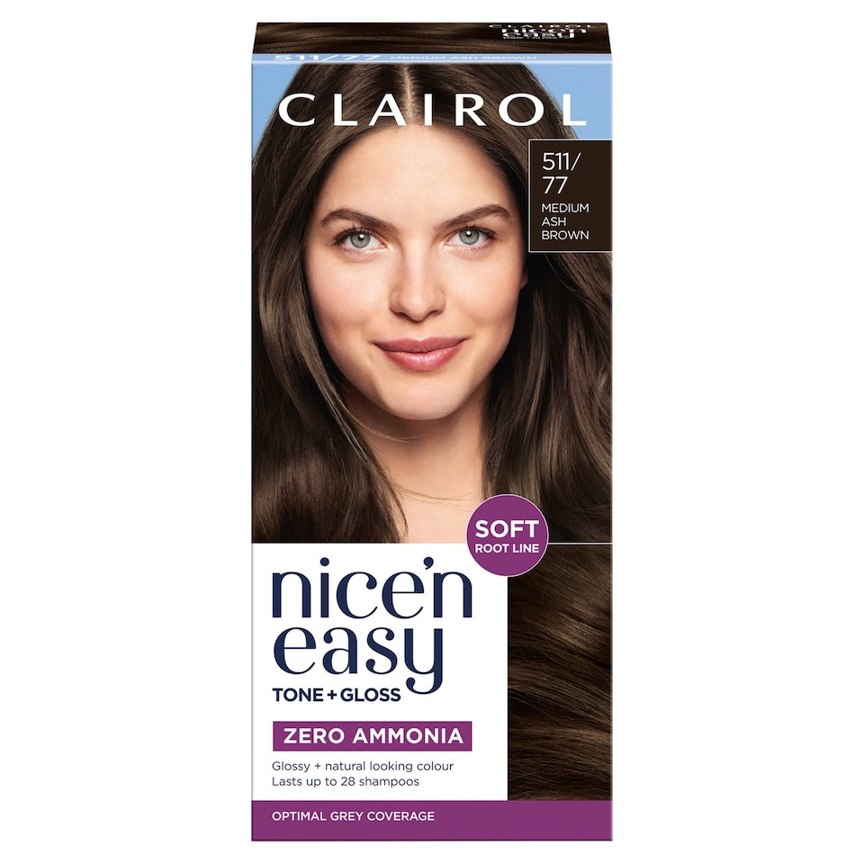 CLAIROL NICE'N EASY TONE+GLOSS SEMI PERMANENT HAIR DYE - 511/77 MEDIUM ASH BROWN