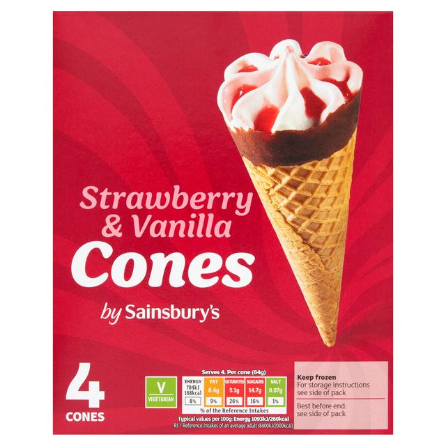 Sainsbury's Strawberry & Vanilla Cones  4x110ml
