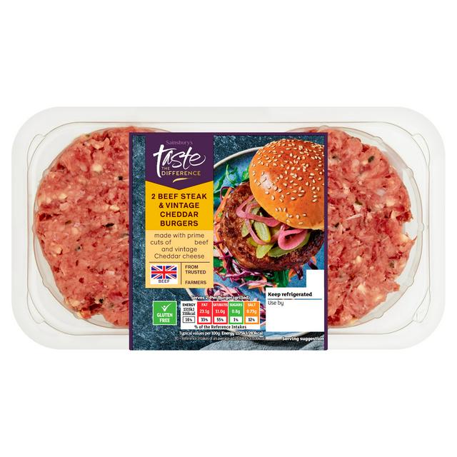 Sainsbury's 2 Beef Steak & Vintage Cheddar Burgers, Taste the Difference 340g