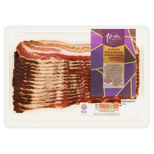 Sainsbury's Festive Spiced Dry Cured Smoked Streaky Bacon Rashers, Taste the Difference x14 220g