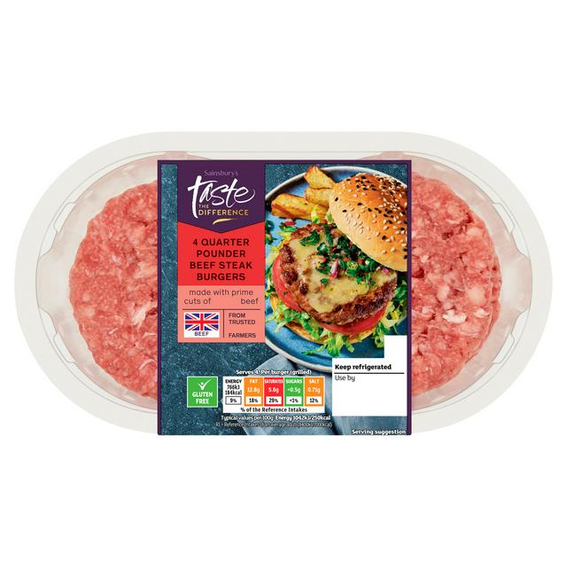 Sainsbury's 4 Quarter Pounder Beef Steak Burgers, Taste the Difference 454g