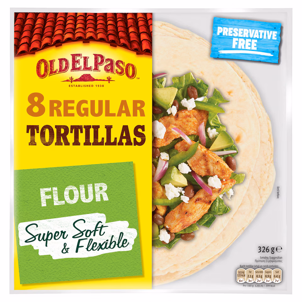 Old El Paso Regular Super Soft Flour Tortillas Wraps 8Pk 326G