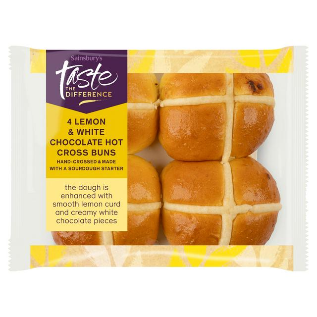 Sainsbury's 4 Lemon & White Chocolate Hot Cross Buns, Taste the Difference 260g
