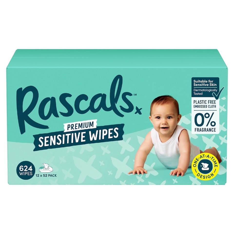 Rascals Premium Sensitive Wipes, Biodegradable | 12 x 52 (624) Baby Wipes