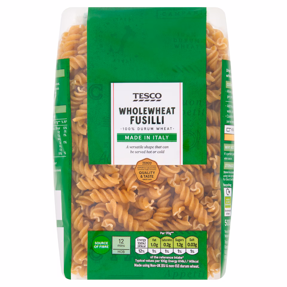 Tesco Whole Wheat Fusilli Pasta 500G