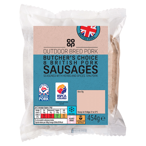 Co-op Butcher's Choice 8 British Pork Sausages Seasoned With Herbs and Spices 454g