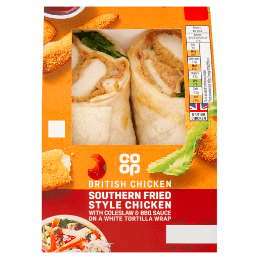 Co-op Southern Fried Style Chicken with Coleslaw u0026 BBQ Sauce on a White Tortilla Wrap