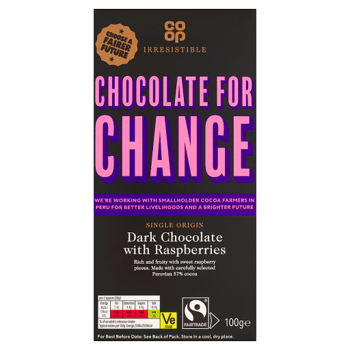 Co-op Irresistible Single Origin Dark Chocolate with Raspberries 100g