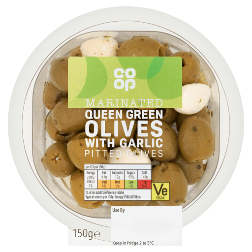 Co-op Marinated Queen Green Olives with Garlic Pitted Olives 150g