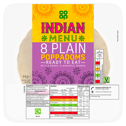 Co-op Indian Menu 8 Plain Poppadoms 64g