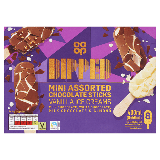 Co-op Dipped Mini Assorted Chocolate Sticks Vanilla Ice Creams 8 x 50ml (400ml)