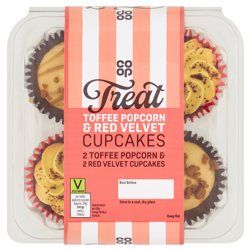 Co-op Treat Toffee Popcorn u0026 Red Velvet Cupcakes