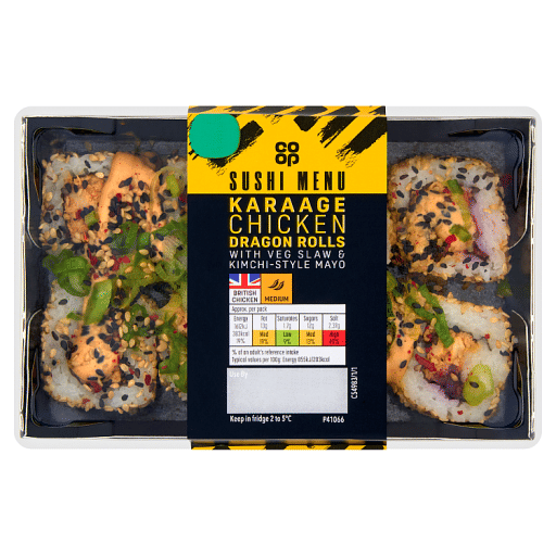 Co-op Sushi Menu Karaage Chicken Dragon Rolls with Veg Slaw & Kimchi-Style Mayo