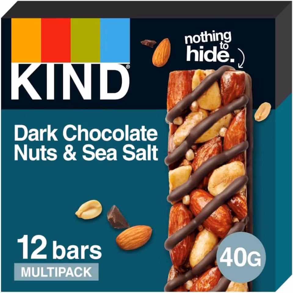 KIND Bars, Gluten Free Snack Bars, Dark Chocolate Nuts & Sea Salt, High Fibre, No Artificial Colours, Flavours or Preservatives, Multipack 12 x 40g | Blue