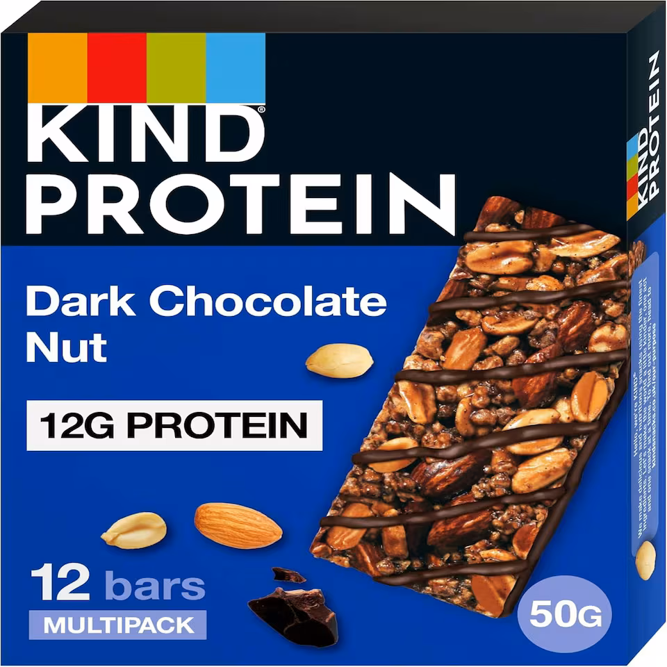 KIND Protein Bars, Gluten Free Snack, Dark Chocolate Nut, High Fibre, Source of Protein, No Artificial Colours, Flavours or Preservatives, Multipack 12 x 50g | Blue