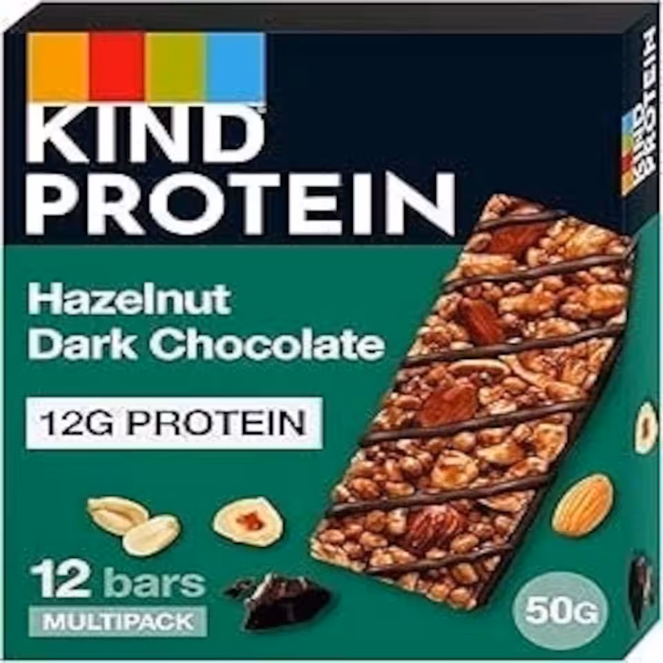 KIND Protein Bars, Gluten Free Snack Bars, Hazelnut Dark Chocolate, High Fibre, Healthy Snack, Source of Protein, Multipack 12 x 50g,Packaging may vary