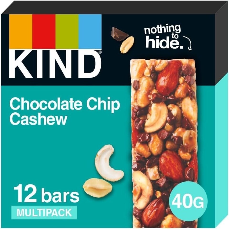KIND Bars, High Fibre, Gluten Free Snack Bars, Chocolate Chip Cashew, No Artificial Colours, Flavours or Preservatives 12 x 40g | Green