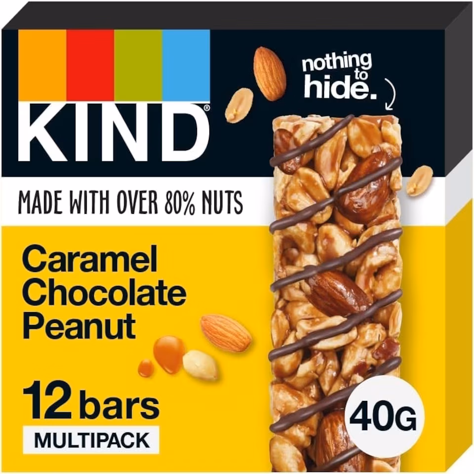 KIND Bars, Gluten Free Snack Bars, Caramel Chocolate Peanut, High Fibre, No Artificial Colours, Flavours or Preservatives, Multipack 12 x 40g | Yellow