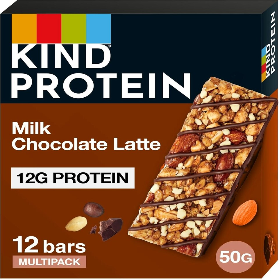 KIND Protein Bars, Gluten Free Snack Bars, Milk Chocolate Latte, High Fibre, Source of Protein, No Artificial Colours, Flavours or Preservatives, 12 x 50g | Brown