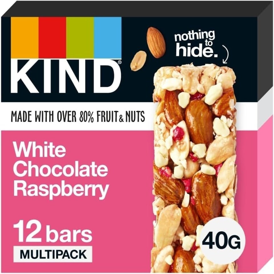 Kind Bars, White Chocolate Raspberry, Healthy Snack, Gluten Free Snack Bars, No Artificial Colours, Flavours or Preservatives, Multipack 12 x 40g | Pink