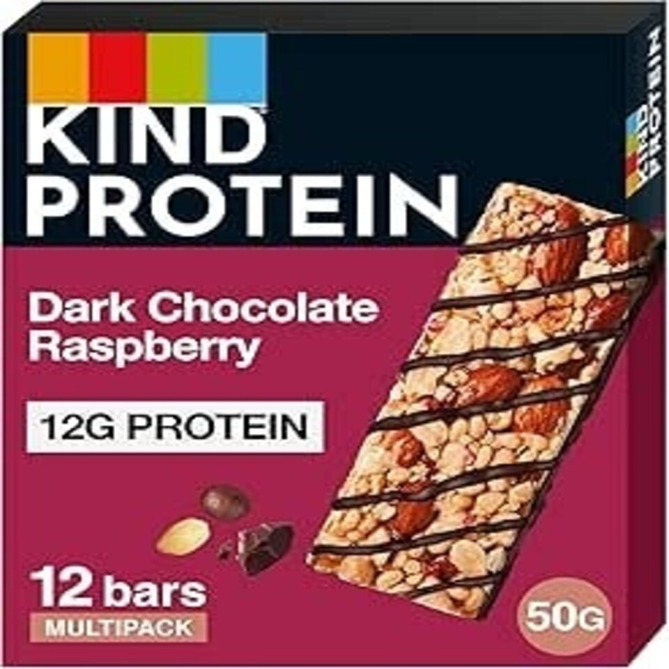 KIND Protein Bars, Gluten Free Snack Bars, Dark Chocolate Raspberry, High Fibre, Source of Protein, No Artificial Colours, Flavours or Preservatives, 12 x 50g | Purple